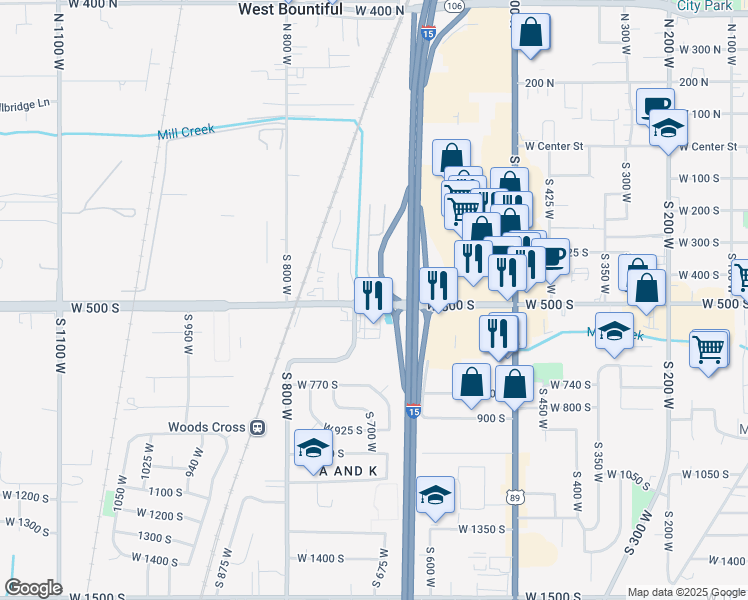 map of restaurants, bars, coffee shops, grocery stores, and more near 680 West 500 South in West Bountiful