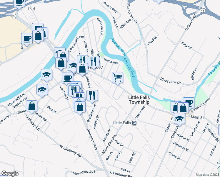 map of restaurants, bars, coffee shops, grocery stores, and more near 24 Woodside Avenue in Little Falls