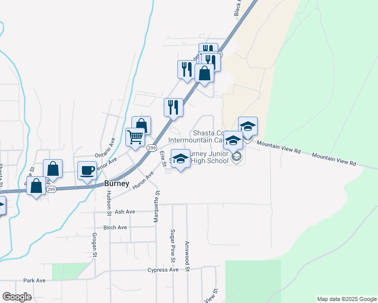 map of restaurants, bars, coffee shops, grocery stores, and more near 20471 Quebec Street in Burney