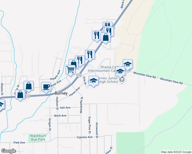 map of restaurants, bars, coffee shops, grocery stores, and more near 20471 Quebec Street in Burney