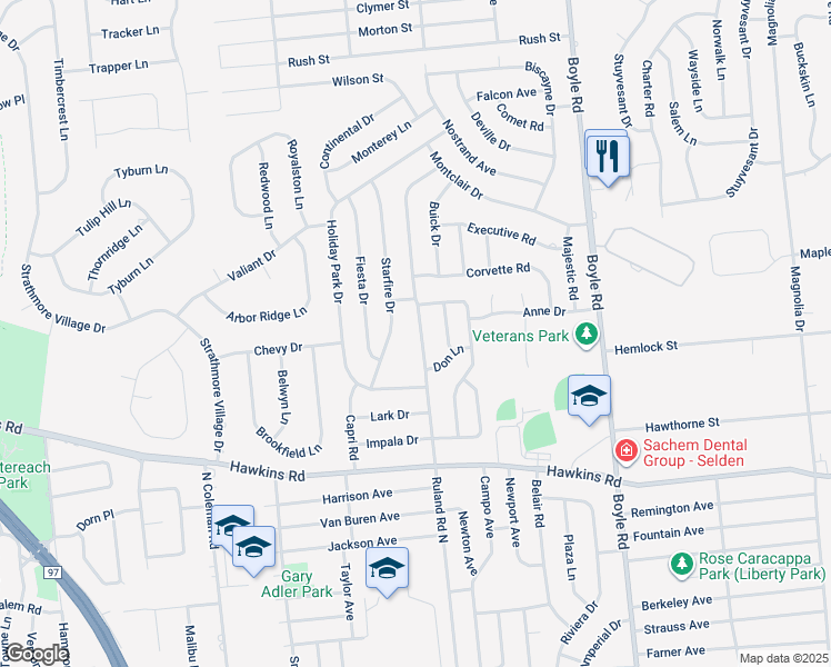 map of restaurants, bars, coffee shops, grocery stores, and more near 127 Ruland Road North in Selden