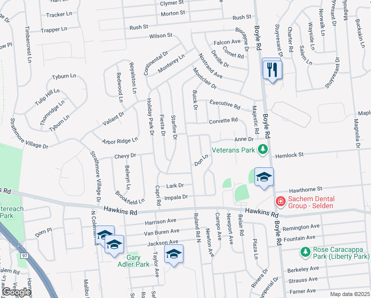 map of restaurants, bars, coffee shops, grocery stores, and more near 127 Ruland Road North in Selden