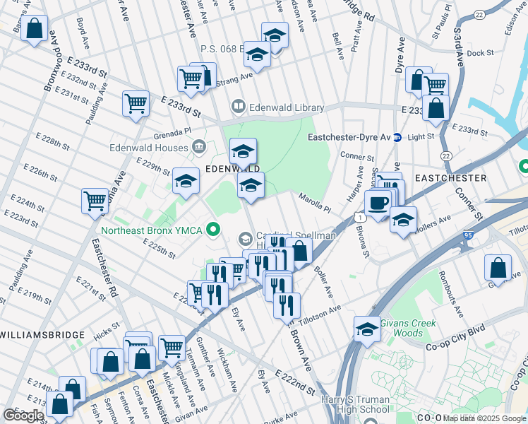 map of restaurants, bars, coffee shops, grocery stores, and more near 3640 De Reimer Avenue in Bronx