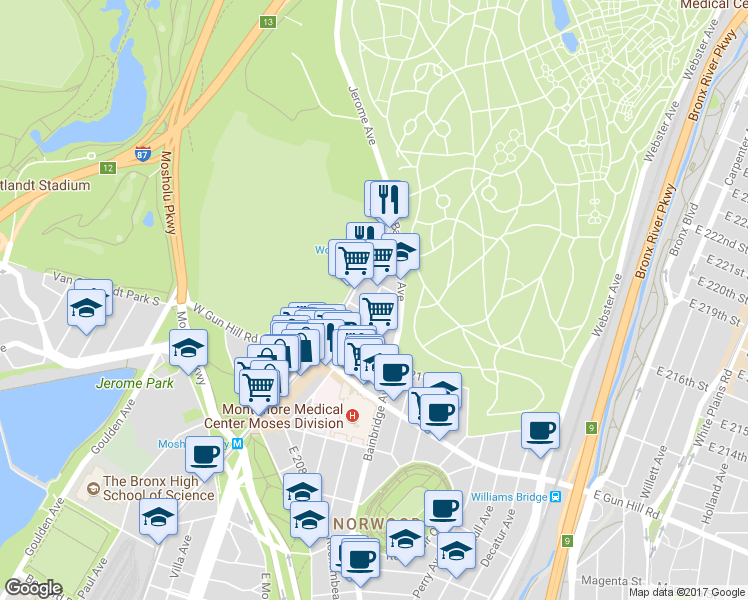 map of restaurants, bars, coffee shops, grocery stores, and more near 3563 Dekalb Avenue in The Bronx
