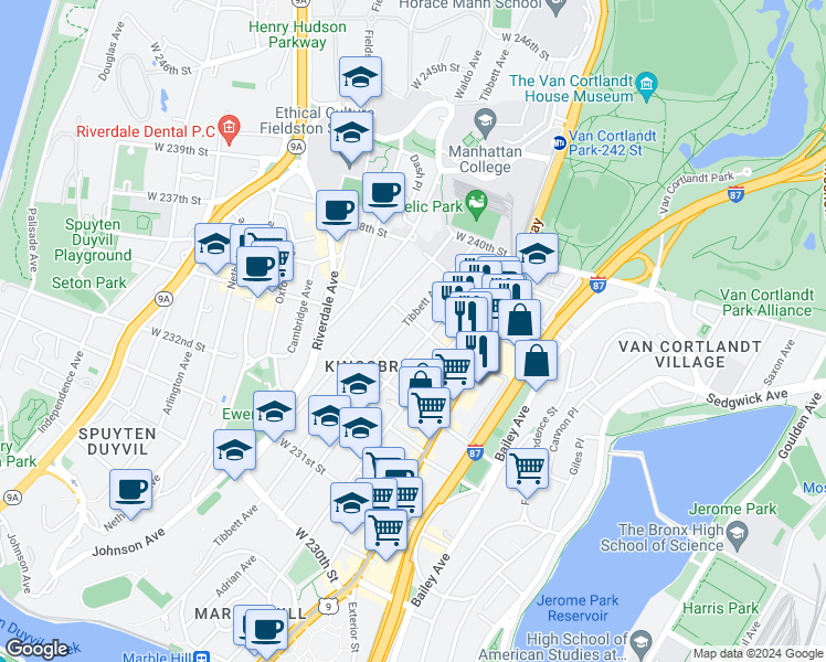 map of restaurants, bars, coffee shops, grocery stores, and more near 270 West 236th Street in Bronx