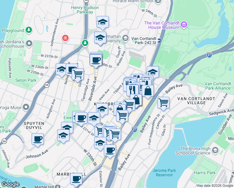 map of restaurants, bars, coffee shops, grocery stores, and more near 270 West 236th Street in Bronx