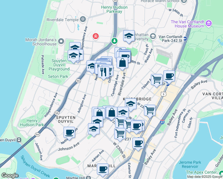 map of restaurants, bars, coffee shops, grocery stores, and more near 3206 Oxford Avenue in Bronx