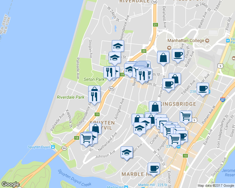 map of restaurants, bars, coffee shops, grocery stores, and more near 3127 Fairfield Avenue in Bronx