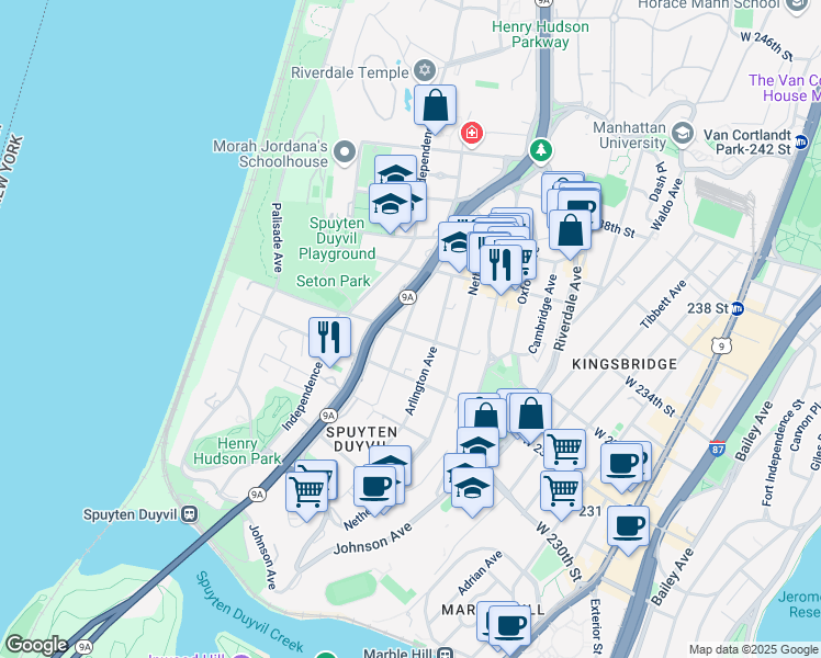 map of restaurants, bars, coffee shops, grocery stores, and more near 3127 Fairfield Avenue in Bronx