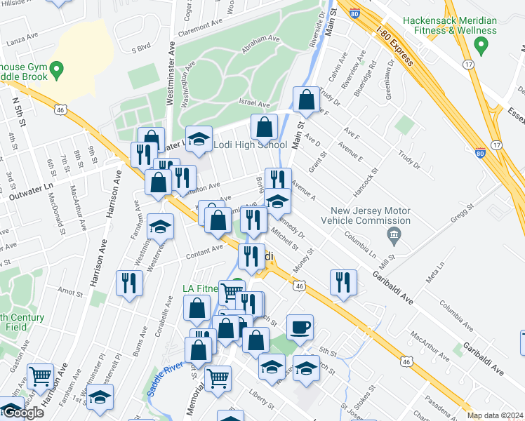 map of restaurants, bars, coffee shops, grocery stores, and more near 311 Main Street in Lodi