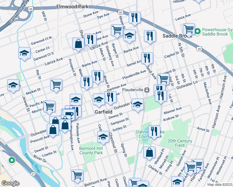 map of restaurants, bars, coffee shops, grocery stores, and more near 78 Union Avenue in Garfield