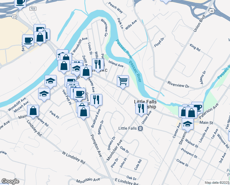 map of restaurants, bars, coffee shops, grocery stores, and more near 24 Woodside Avenue in Little Falls