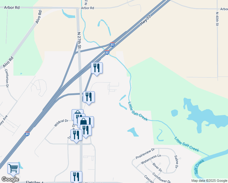 map of restaurants, bars, coffee shops, grocery stores, and more near 7360 Husker Circle in Lincoln