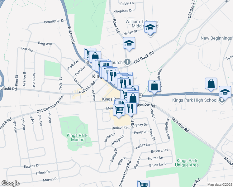 map of restaurants, bars, coffee shops, grocery stores, and more near 1 Village Plaza in Kings Park