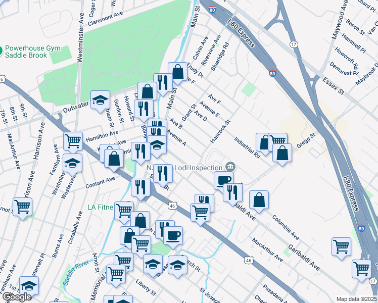 map of restaurants, bars, coffee shops, grocery stores, and more near 82 Avenue A in Lodi