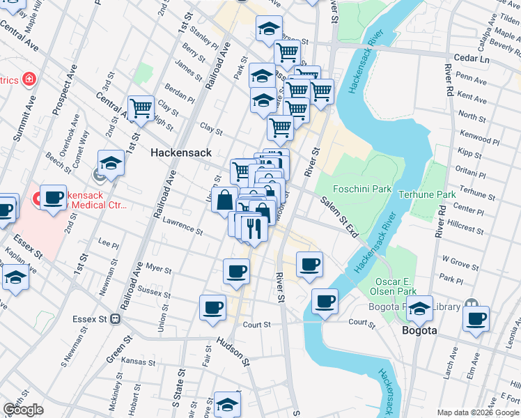 map of restaurants, bars, coffee shops, grocery stores, and more near 179D Main Street in Hackensack