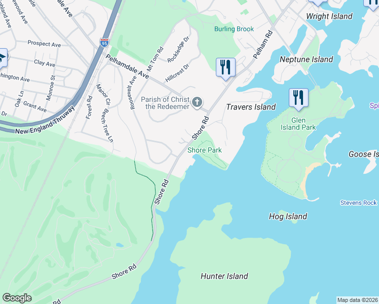 map of restaurants, bars, coffee shops, grocery stores, and more near 42 Shore Road in Pelham Manor