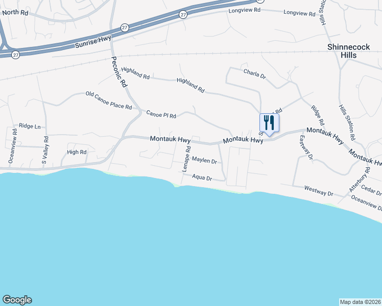 map of restaurants, bars, coffee shops, grocery stores, and more near 20 Lenape Road in Southampton