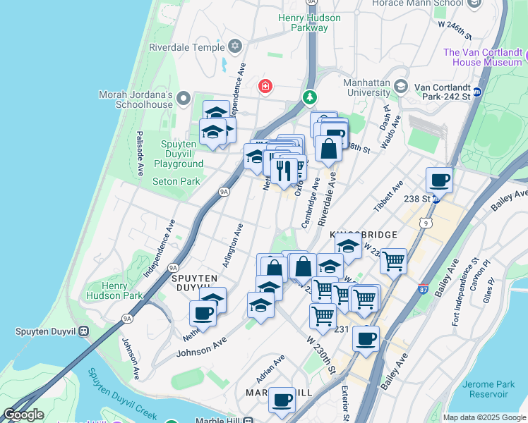 map of restaurants, bars, coffee shops, grocery stores, and more near 3211 Johnson Avenue in Bronx