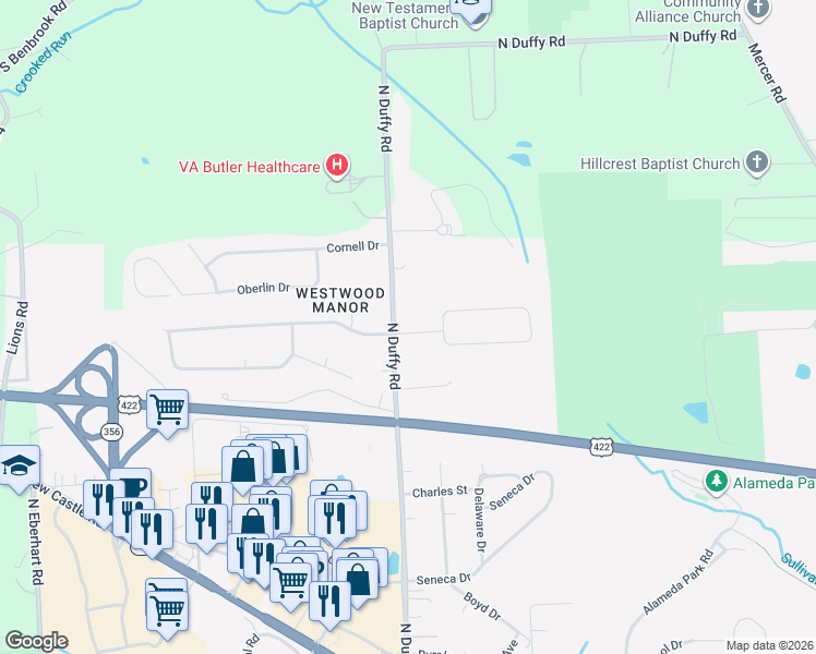 map of restaurants, bars, coffee shops, grocery stores, and more near 267 North Duffy Road in Butler