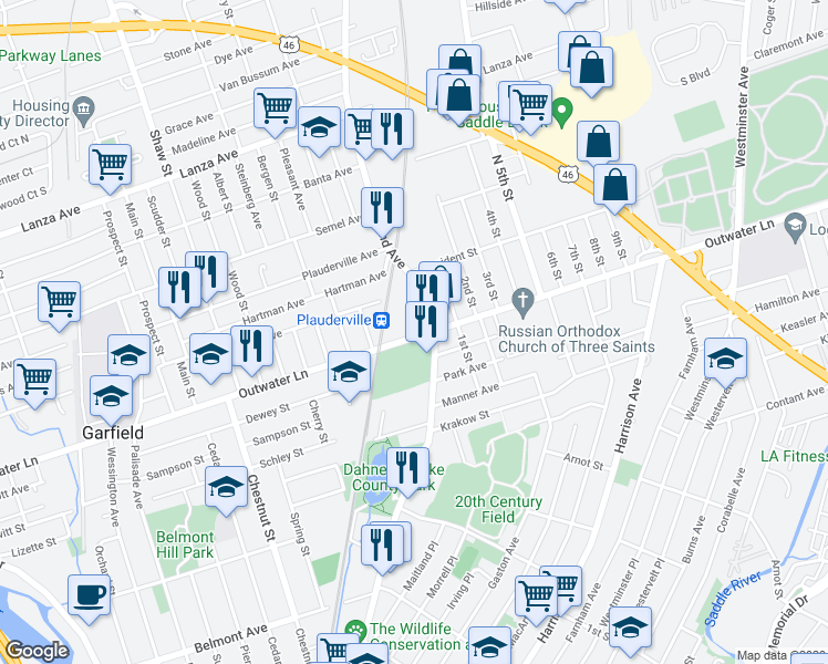 map of restaurants, bars, coffee shops, grocery stores, and more near 387 Outwater Lane in Garfield