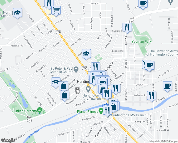 map of restaurants, bars, coffee shops, grocery stores, and more near 715 North Jefferson Street in Huntington
