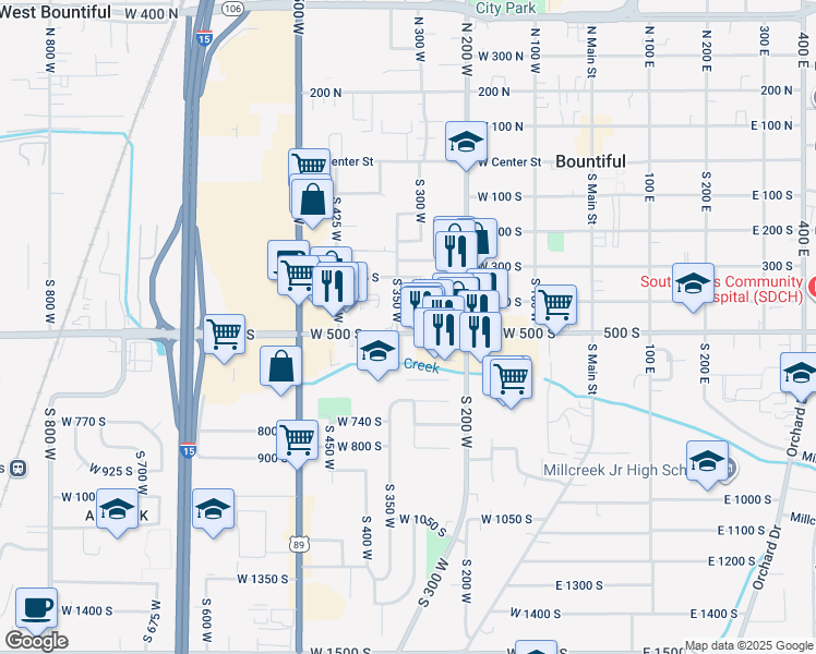 map of restaurants, bars, coffee shops, grocery stores, and more near 320 West 500 South in Bountiful