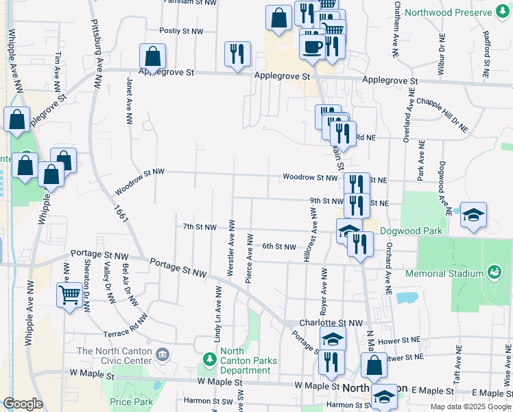 map of restaurants, bars, coffee shops, grocery stores, and more near 710 Pierce Avenue Northwest in North Canton