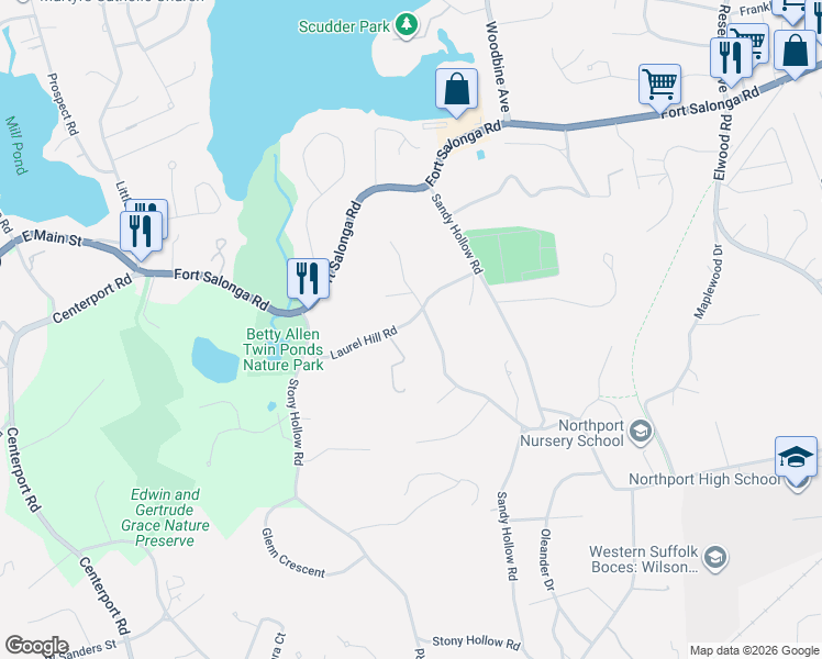 map of restaurants, bars, coffee shops, grocery stores, and more near 48 Laurel Hill Road in Centerport