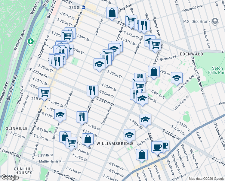 map of restaurants, bars, coffee shops, grocery stores, and more near 3942 Paulding Avenue in Bronx