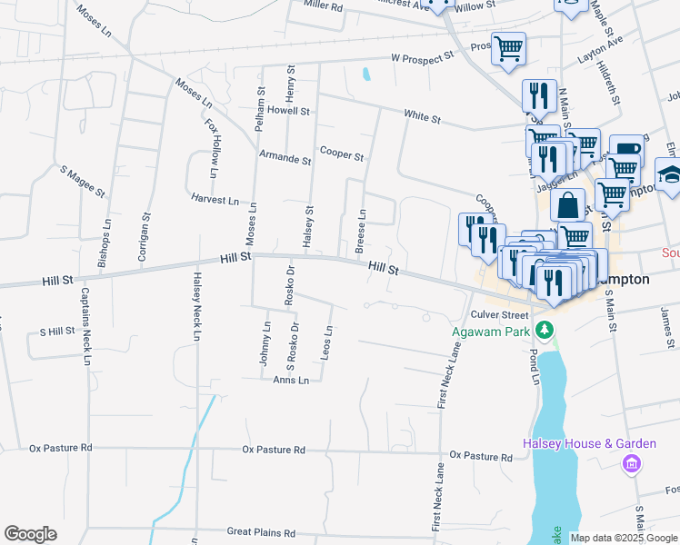 map of restaurants, bars, coffee shops, grocery stores, and more near 252 Hill Street in Southampton