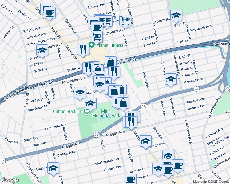 map of restaurants, bars, coffee shops, grocery stores, and more near 1434 Main Avenue in Clifton