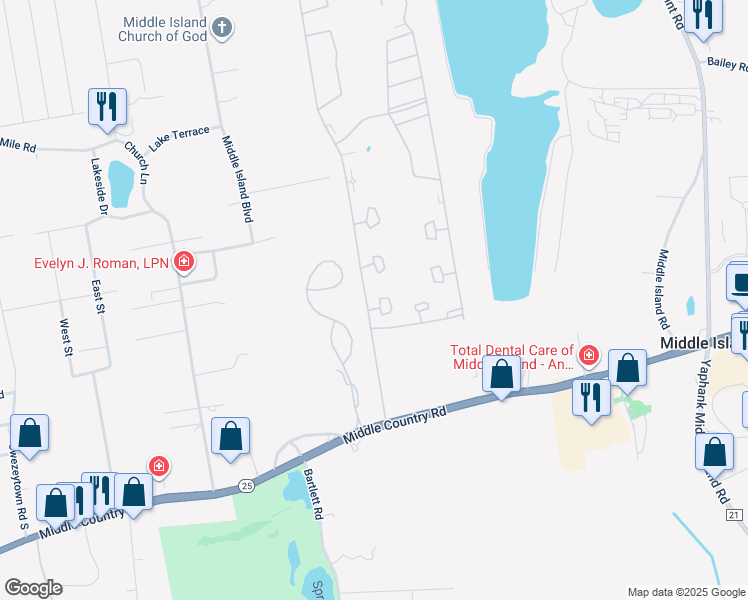 map of restaurants, bars, coffee shops, grocery stores, and more near 804 Birchwood Park Drive in Middle Island