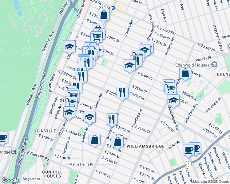 map of restaurants, bars, coffee shops, grocery stores, and more near 844 East 222nd Street in Bronx