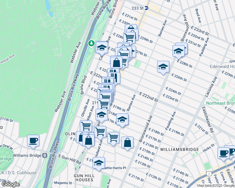 map of restaurants, bars, coffee shops, grocery stores, and more near 726 East 220th Street in Bronx