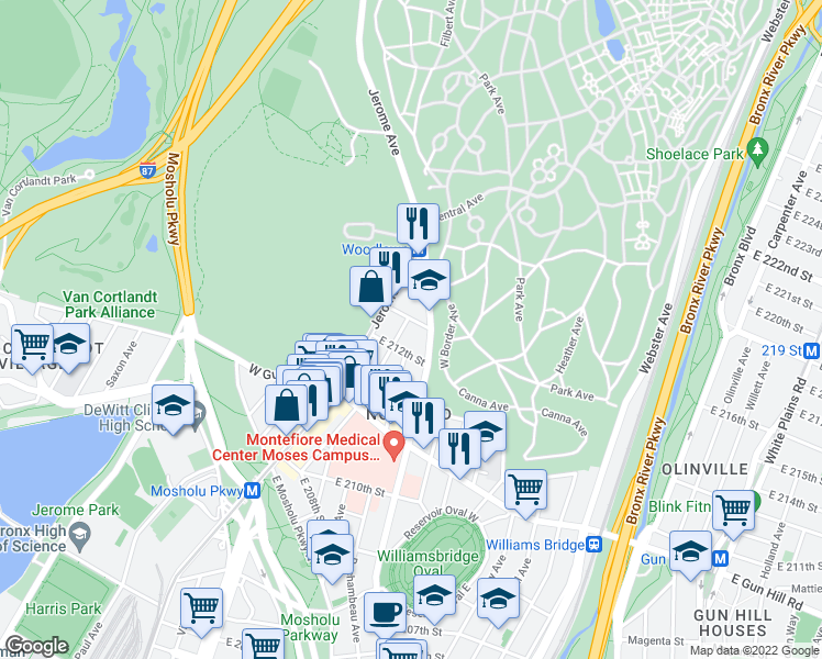 map of restaurants, bars, coffee shops, grocery stores, and more near 3594 Bainbridge Avenue in Bronx