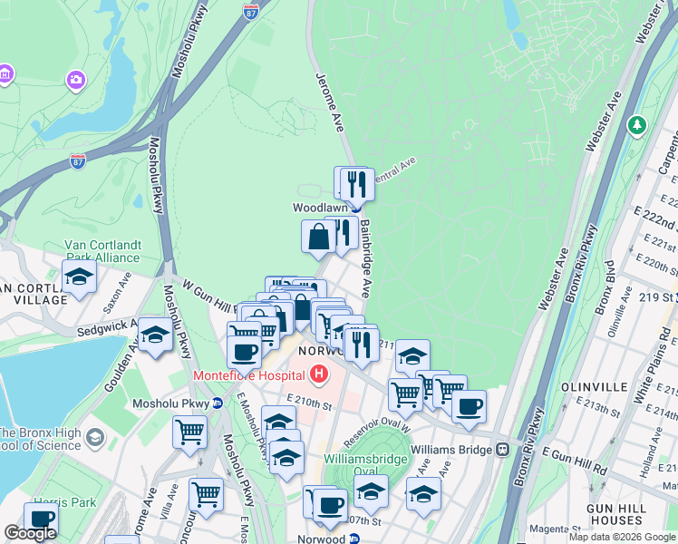 map of restaurants, bars, coffee shops, grocery stores, and more near 3563 Dekalb Avenue in The Bronx