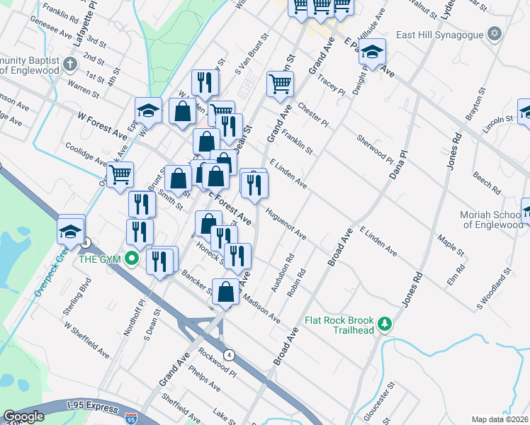 map of restaurants, bars, coffee shops, grocery stores, and more near 285 Grand Avenue in Englewood