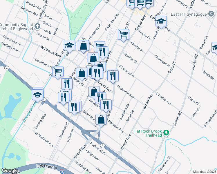map of restaurants, bars, coffee shops, grocery stores, and more near 68 East Forest Avenue in Englewood