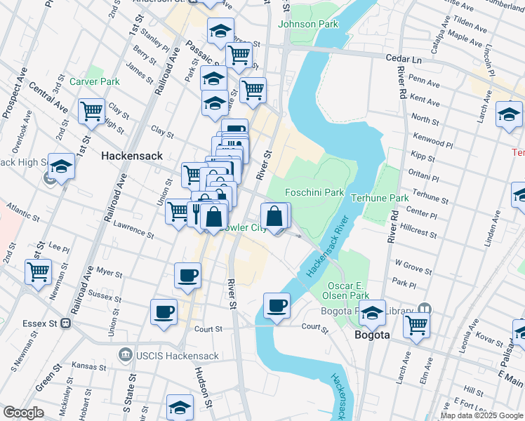 map of restaurants, bars, coffee shops, grocery stores, and more near 55 Midtown Bridge Street in Hackensack
