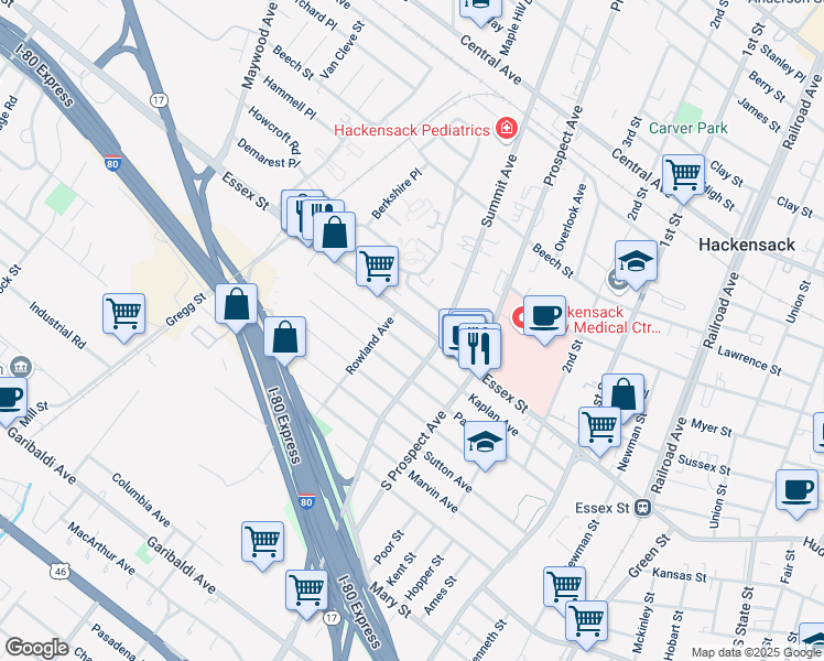 map of restaurants, bars, coffee shops, grocery stores, and more near 411 Kaplan Avenue in Hackensack