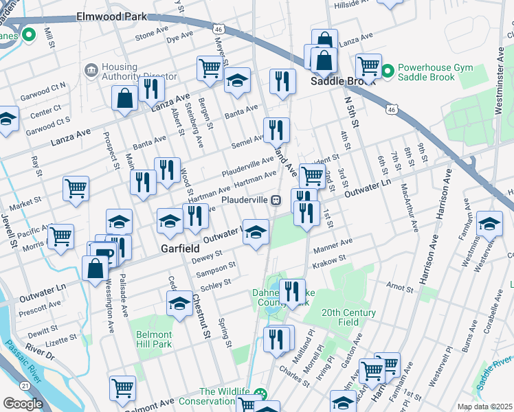 map of restaurants, bars, coffee shops, grocery stores, and more near 9 Harding Court in Garfield