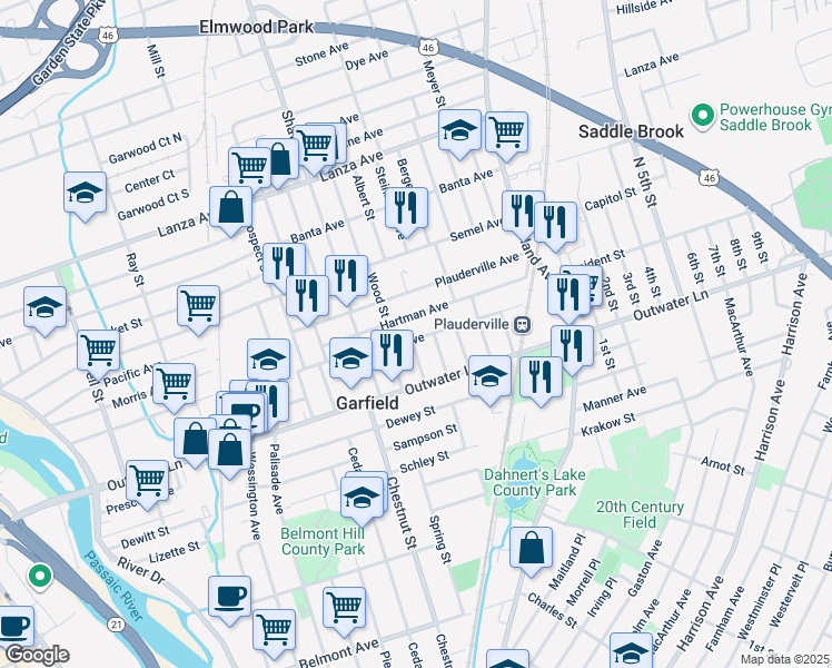 map of restaurants, bars, coffee shops, grocery stores, and more near 78 Union Avenue in Garfield