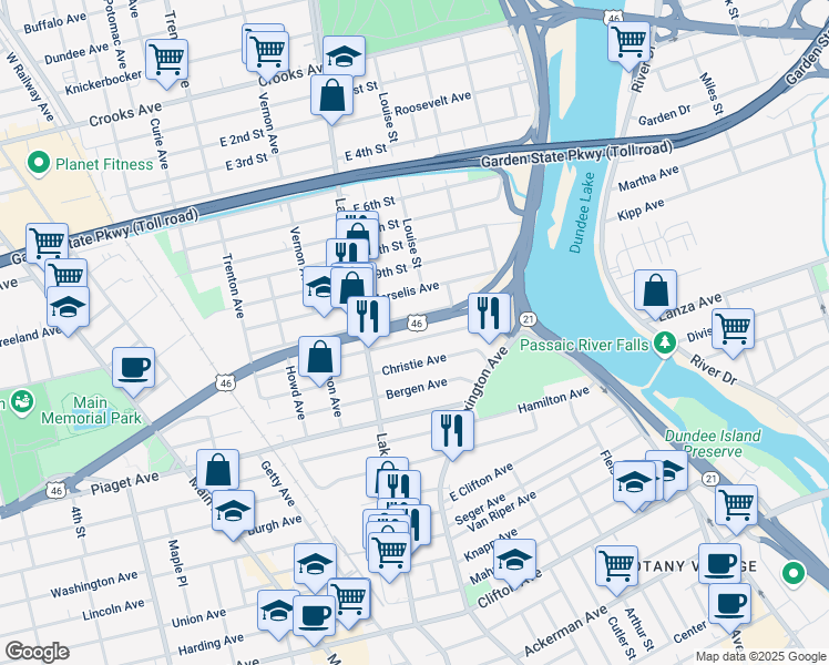 map of restaurants, bars, coffee shops, grocery stores, and more near 83 Trimble Avenue in Clifton