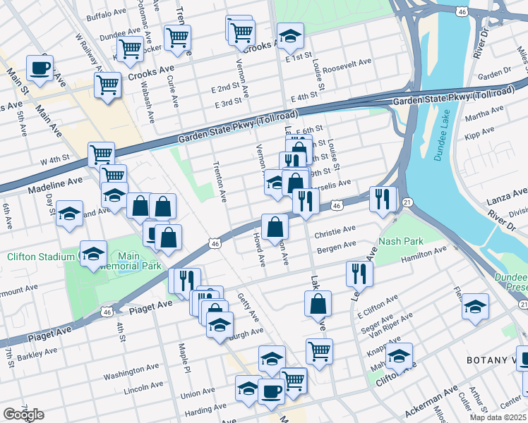 map of restaurants, bars, coffee shops, grocery stores, and more near 188 Trimble Avenue in Clifton