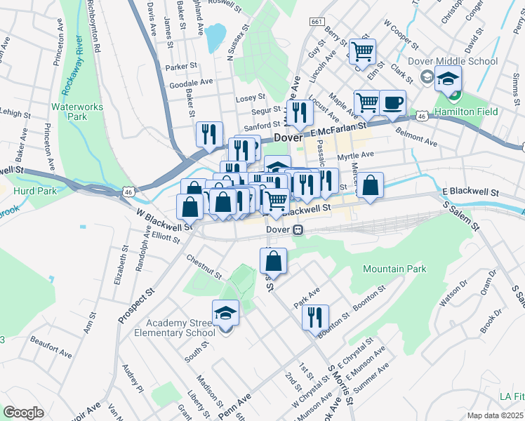 map of restaurants, bars, coffee shops, grocery stores, and more near in Dover