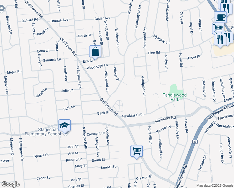 map of restaurants, bars, coffee shops, grocery stores, and more near 9 Wedgewood Drive in Coram