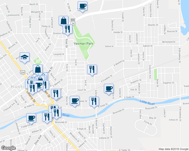 map of restaurants, bars, coffee shops, grocery stores, and more near 901 East Market Street in Huntington