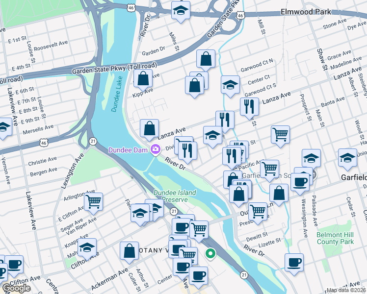 map of restaurants, bars, coffee shops, grocery stores, and more near 25 Banta Avenue in Garfield