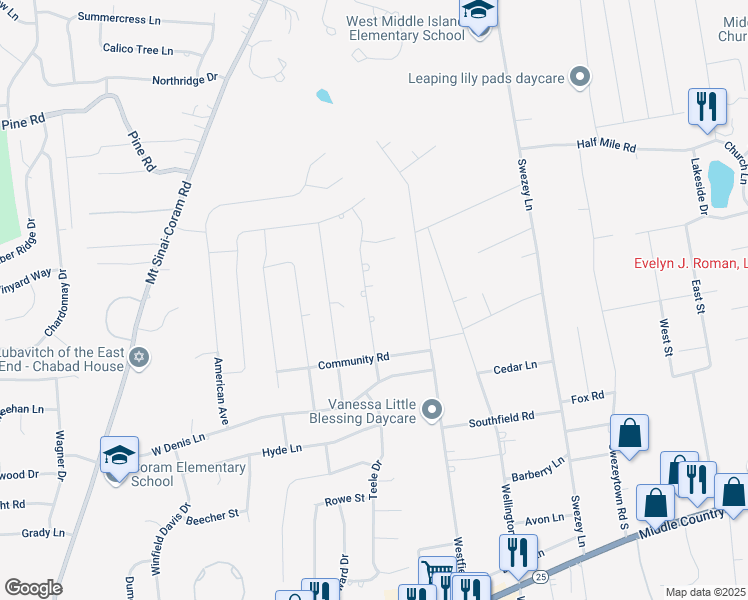 map of restaurants, bars, coffee shops, grocery stores, and more near 21 Forest Lane in Coram